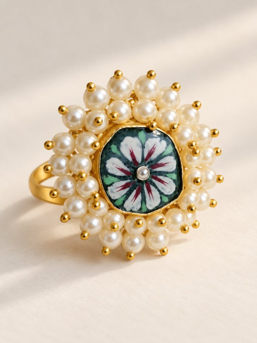 Adjustable Indian Inspired Gold Tone Faux Pearl Statement Ring
